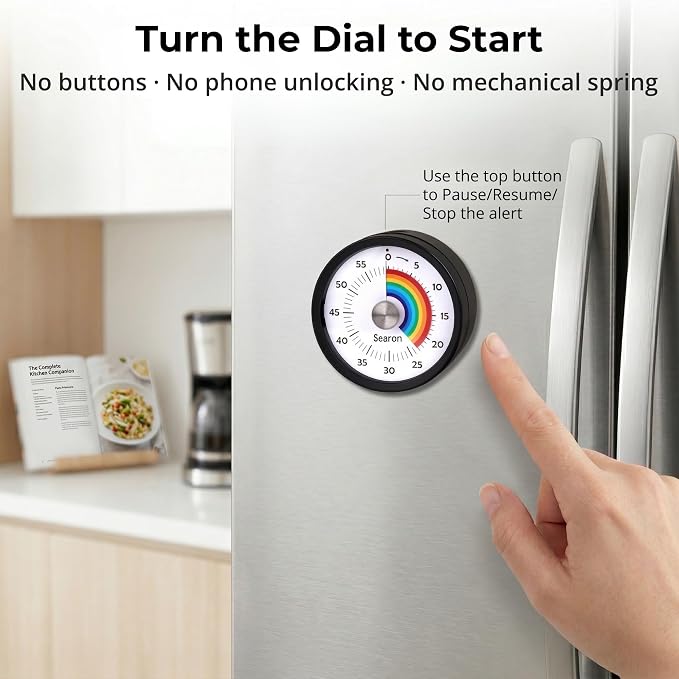 Searon Magnetic Visual Timer for Kids & Kitchen – 3.15" Rainbow Countdown Clock, 60-Minute Dial Timer, Sound or Silent LED Alert, Pause Function for Cooking, Baking, ADHD & Daily Routines (Black)