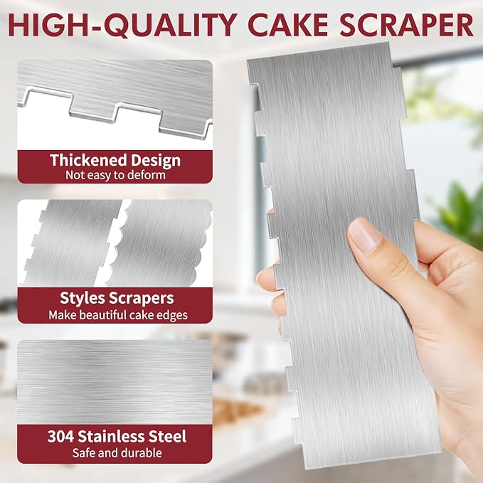 2 Pack 8.7 Inch Stainless Steel Cake Scraper, Double Sided Patterned Edge Stripe Edge Smoother Scraper Frosting Scraper Cake Decorating Comb for Mousse Butter Cream - Style 2