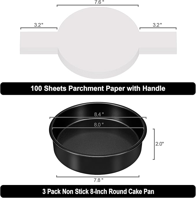 AWTBDP 8 Inch Cake Pan Set of 3, Nonstick Baking Pans Set with 100PCS Pre-cut Parchment Paper for Layer Cakes, Durable Round Cake Pans Sets for Baking for Birthday Christmas, Dishwasher Safe