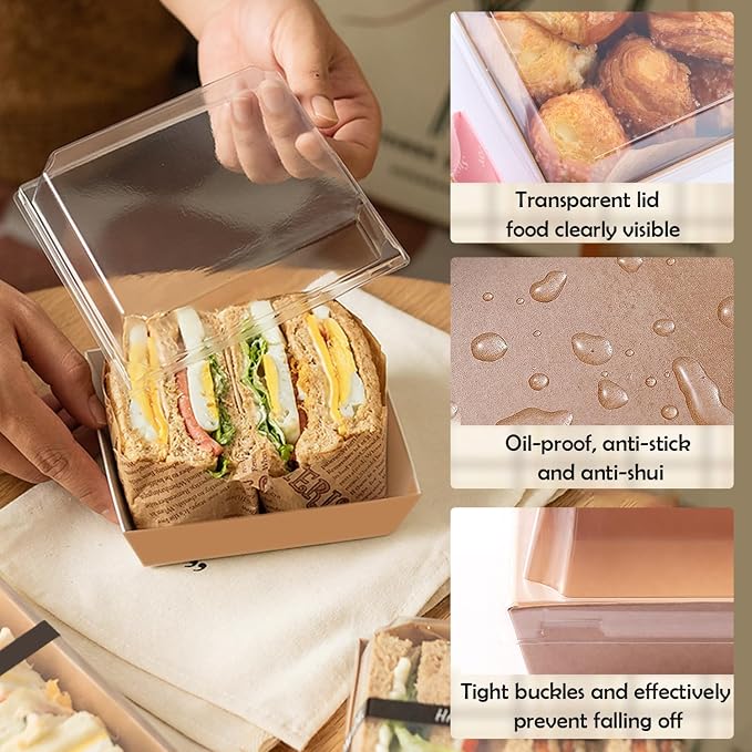 BUIYLV 50 Pack Charcuterie Boxes with Clear Lids, 4 Inches Brown Dessert Boxes To Go Disposable Mini Charcuterie Boxes for Cookie, Sandwich, Strawberry, Cupcake, Macaron, Cake Slice
