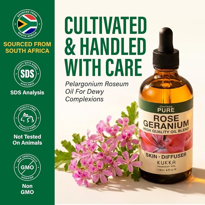 100% Pure Rose Geranium Oil - 4 Fl Oz Rose Geranium Essential Oil for Hair, Skin, Diffuser, Aromatherapy & DIY Soap Making Scent