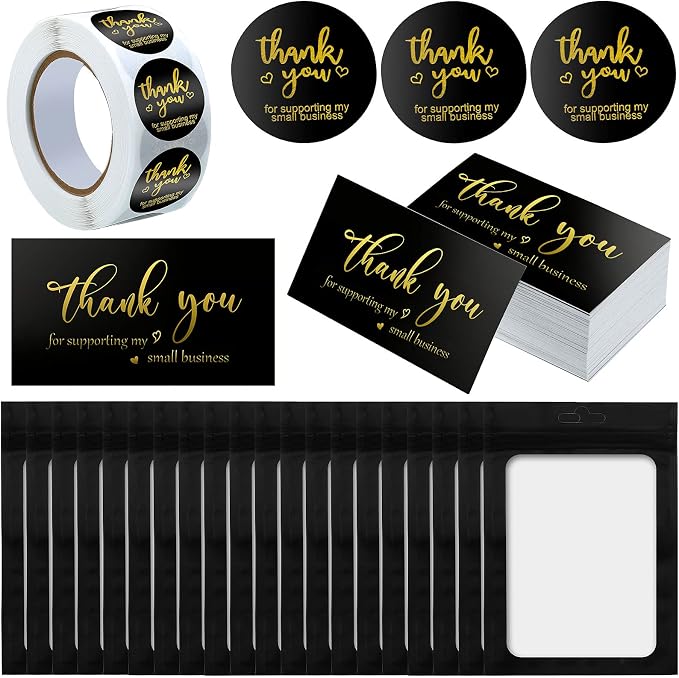 Outus 620 Pieces Thank You for Supporting My Small Business Cards and Stickers Set, Thank You Gold Foil Stickers with Resealable Packaging Bag for Business Owners Packaging Supplies (Black)