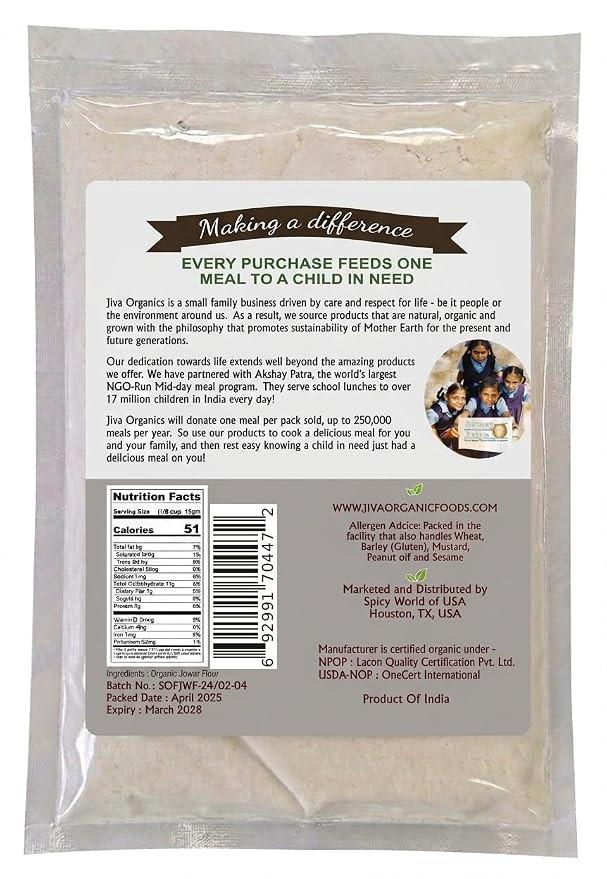 Jiva Organics Organic Sorghum Flour 2 Pound Bag - Jowar Flour, 100% Natural & Non-GMO