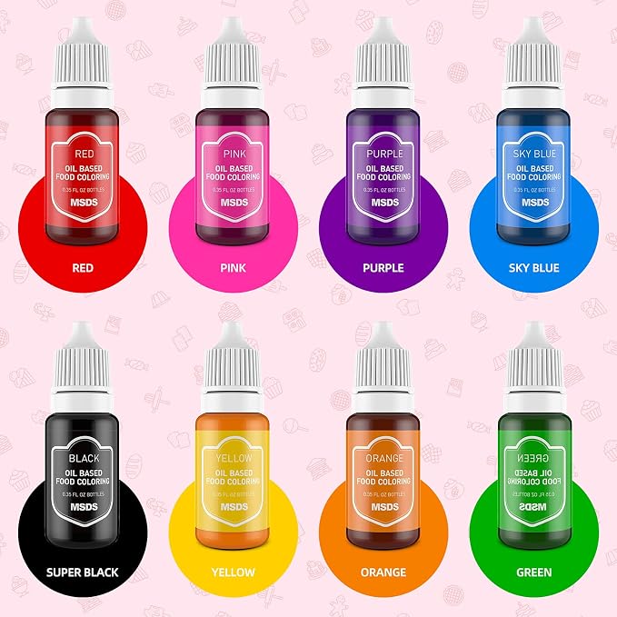 Upgraded Oil Based Food Dye Coloring for Chocolate Candy Cake - DaCool Edible Food Coloring for Cake Decorating Baking Cake Color for Cookie Icing Frosting Fondant Meringues - .35 Fl.Oz Bottles