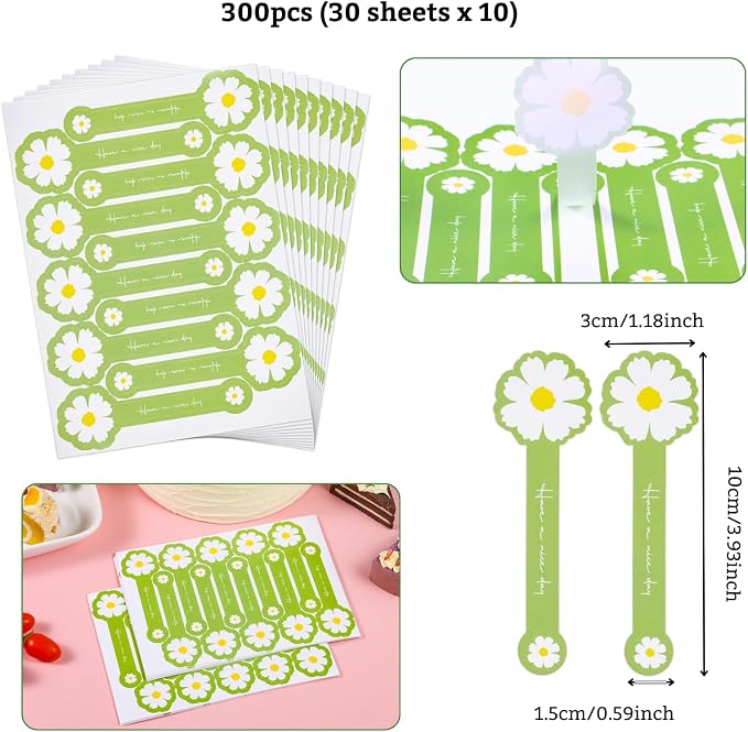 300pcs Handmade Lollipop Baking Stickers for Cake Box/Tins/Jars/Coffee Cups/Bottles, Long Label Daisy Flower Sealing Bakery Stickers for Gift Wrapping Self-Adhesive Tamper Evident Seal Labels