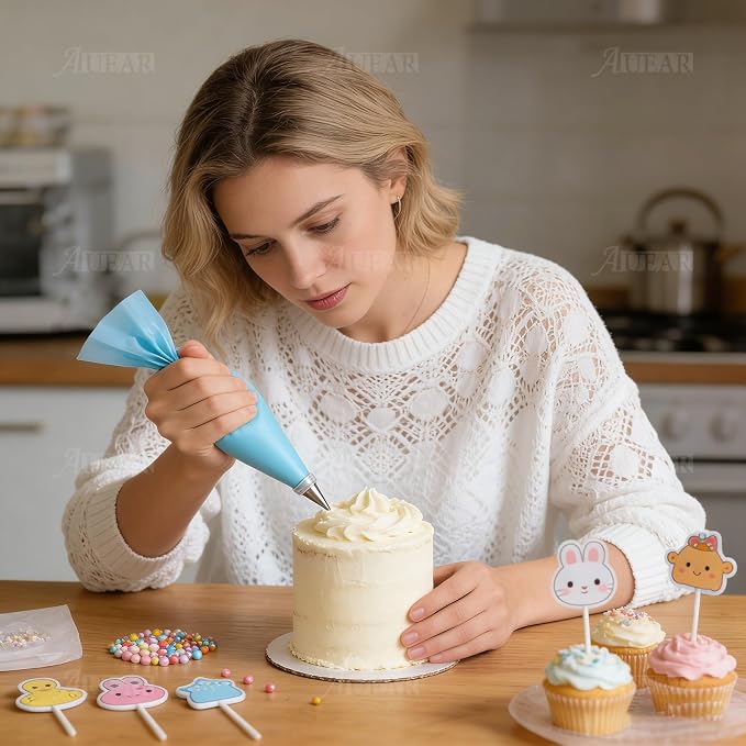 AUEAR, Cake Decorating Sugar Cookie Piping Tips 5 Writing Tube 1 Coupler 1 Silicone Pastry Bag (7 Pack)