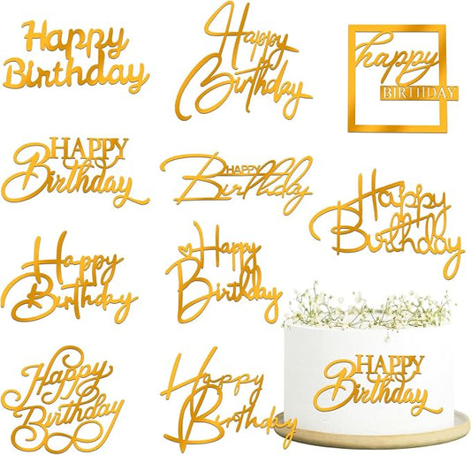 Wootkey 10 PCS Gold Happy Birthday Cake Topper Mirror Acrylic Cupcake Toppers Double-Sided Happy Birthday Sign for Cake Side Cupcake DIY Birthday Gift Flower Bouquet Decor
