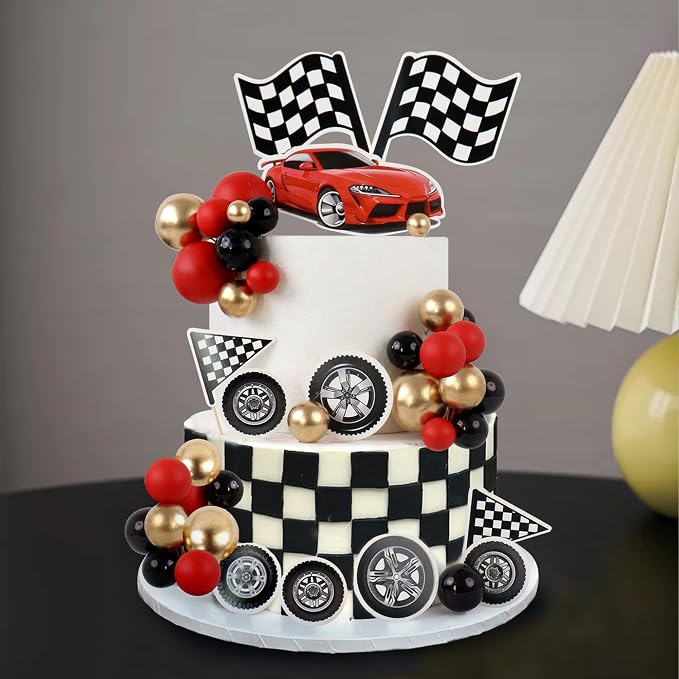Ercadio 42Pcs Black Red Race Car Birthday Cake Toppers Checkered Flags Wheel Cupcake Toppers Multicolor Balls Cake Decorations for Kids Racing Birthday Cake Decoration Race Car Party Supplies