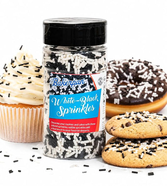 Bakerpan White-Black Jimmies Sprinkles - 6 Ounces Edible Sprinkles for Cake Decorating, Cupcakes, Ice Cream, Cake Decorations (Made in USA)