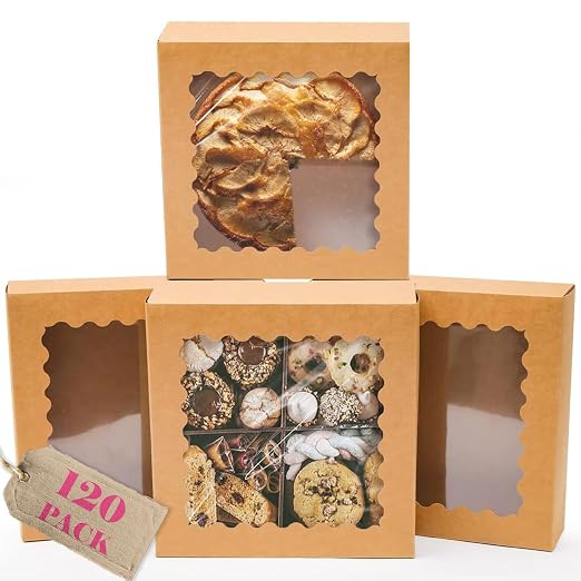 qiqee 10"x 10"x 2.5" Brown Pie Boxes with Window 120Packs Cookie Donut Bakery Box (Auto-pop Up)
