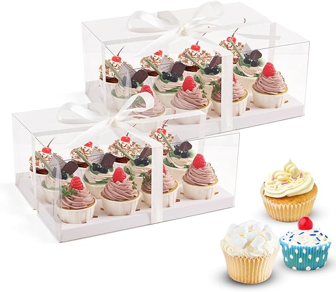 6Pcs Clear Cupcake Boxes,12 Count Cupcake Containers with Gift Ribbon,Plastic Cupcake Carrier Holder for Dessert Cookies Muffins Pastry(White/clear, 12 Count/6ps)