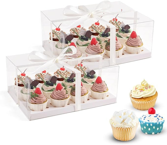 6Pcs Clear Cupcake Boxes,12 Count Cupcake Containers with Gift Ribbon,Plastic Cupcake Carrier Holder for Dessert Cookies Muffins Pastry(White/clear, 12 Count/6ps)