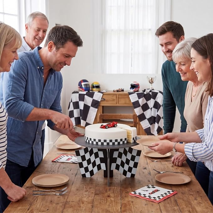 Lallisa 12" Racing Car Theme Cake Stand Black 3D Racing Party Decorations with Black and White Checkered Flag Base PVC Dessert Holder Centerpieces for Two Fast Theme Birthday Party Supplies