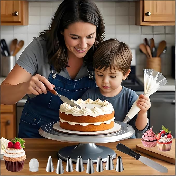 Cake Decorating Kit, 198 Pcs Baking Supplies | Aluminium Cake Turntable, Leveler, 24 Numbered Icing Tips, 2 Spatulas, 3 Scrapers, 50 Pastry Bags, 50 Cupcake Liners & More