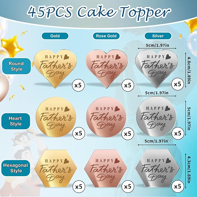 45PCS Happy Father's Day Cake Toppers, Mirror Acrylic Cupcake Toppers 3 Multi-shape & 3 Different Color Custom Cupcake Picks for Birthday Party Anniversary Pastries Decorations