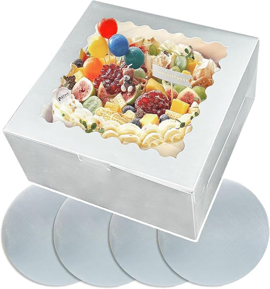 Bakepacker 36pcs 6x6x5 Inches Cake Boxes with Window 18-Packs Silver 6 Inch Bakery Boxes (18 Cake Boxes +18 Cake Boards Included)