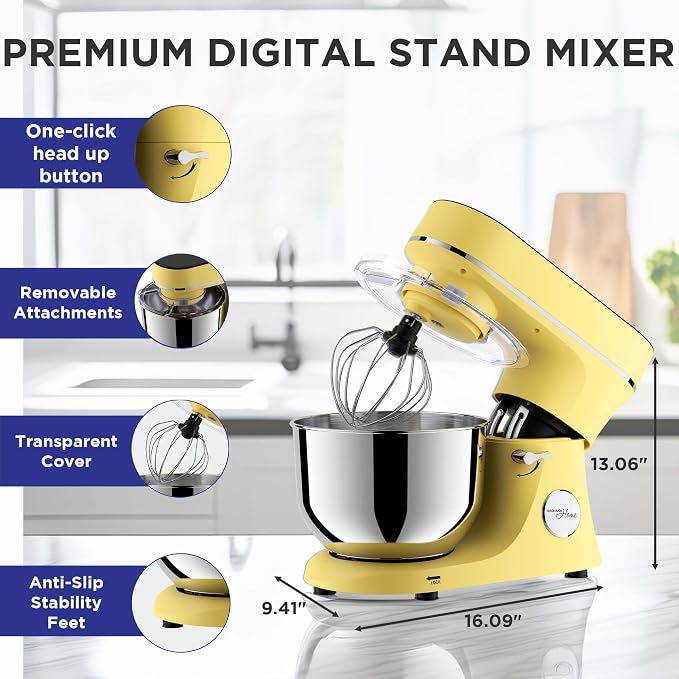 Magnavox Home, 6.3 qt Digital Touchscreen Stand Mixer, 11 Speeds, Yellow