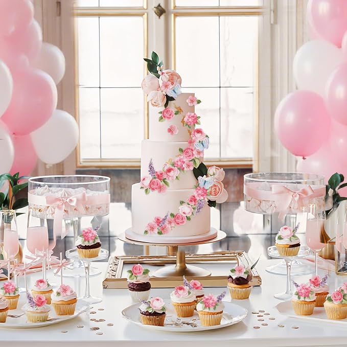 Morofme 100pcs Edible Flower Cupcake Toppers Edible Pink Flowers Cake Topper Butterfly Cupcake Toppers Wafar Paper Leaves Purple Flower Cake Decorations for Wedding Baby Shower Birthday Party Supplies