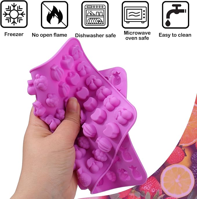 Palksky 4PCS Fruit Snack Molds Silicone, Gummy Molds Trays with Dropper for Candy Chocolate Gummies Baking(Cherries Grape Banana Apple Pineapple)