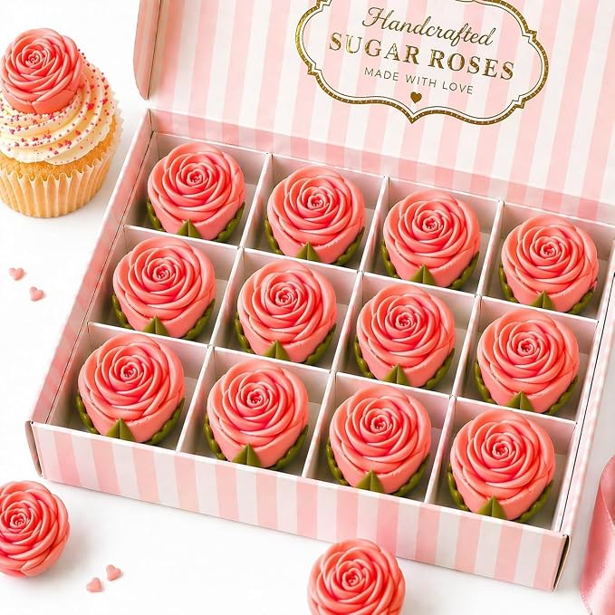 Confect Edible Rose Topper – Salmon Pink Roses for Cake, Cupcake & Doughnut Decoration – Pack of 12 Edible Floral Toppers- Vegan, Gluten-Free, Nut-Free, Soy-Free, Dairy-Free, Palm Oil-Free