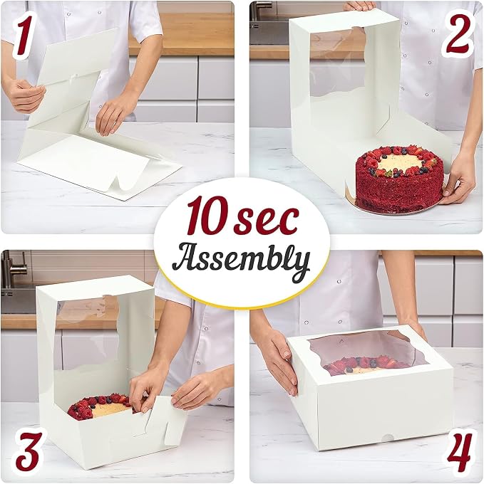 12 Cake Boxes With Cake Boards Set 10", Sturdy, Greaseproof, Front-Loading | Cheesecake Boxes 10 Inch with Thick Cake Boards, Disposable Cake Board & Box Set, Cardboard Pastry & Bakery Boxes With Window
