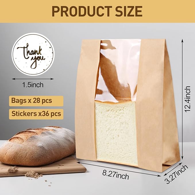 Paper Bread Bags with Window: 28 Large Kraft Bakery Bags 13.7"x8.3"x3.3" 36 Stickers - Reusable Brown Bread Bags for Sourdough - Artisan Loaves Gifting Keep Bread Fresh Longer