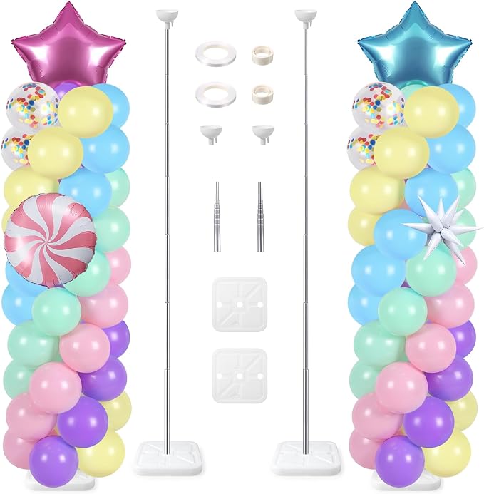 Skylety 2 Sets Pastel Balloon Column Stand Kit Adjustable Macaron Rainbow Color Balloon Stand with Bases for Birthday Wedding Anniversary Graduation Party Baby Shower Decorations Supplies