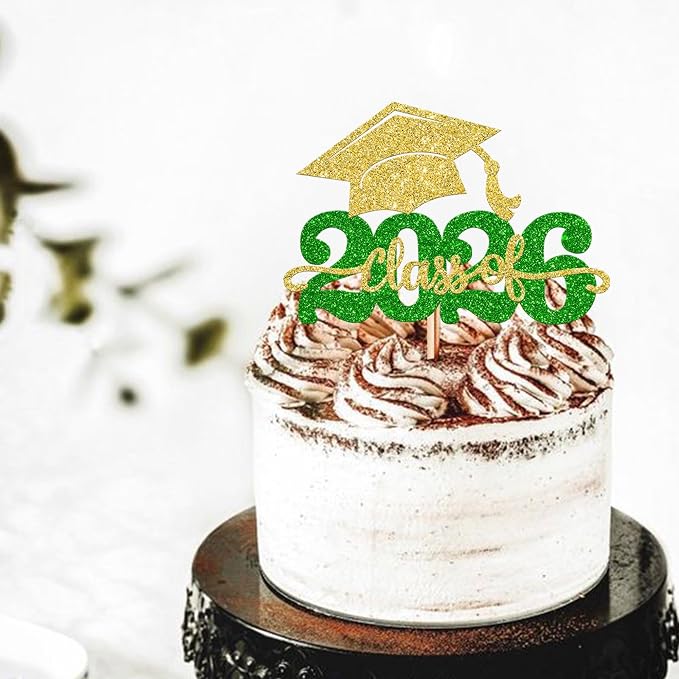 1 Pack Class of 2026 Cake Topper Glitter Congrats Grad Cap 2026 Graduation Cake Pick for 2026 Graduation Theme High School Boys Girls Graduate Party Cake Decorations Supplies Gold Green