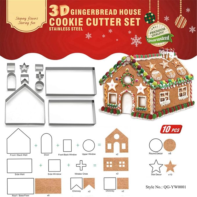 3D Christmas Gingerbread House Cookie Cutters Set, FantasyDay 10 Pcs 430 Stainless Steel Cartoon Snowflake Biscuit Cutter Pastry Mold for Holiday Birthday Cake Dough Donut Fondant - Baking Dough Tool