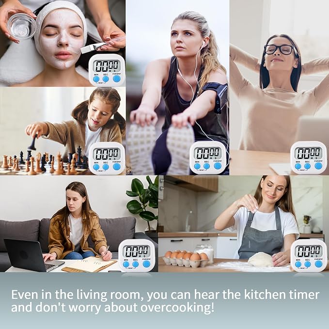 4 Pack Digital Kitchen Timer Magnetic Digital Timer with Big Display Loud Ring Cooking Timers for Cooking, Game, Gym, Break Time, Classroom(4,Pink, Blue, Green, White)