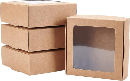 BENECREAT 20 Packs 3.7x3.7x1.4inch Square Brown Kraft Paper Boxes with Clear Windows for Wedding Party Favor, Bakery, Jewelry, Halloween Christmas Gift Packaging