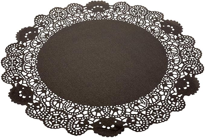 Restaurantware Pastry Tek 12 x 12 Inch Lace Doilies 100 Decorative Tableware Placemats - Disposable Round Black Paper Table Doilies For Birthdays Or Weddings Table Decor
