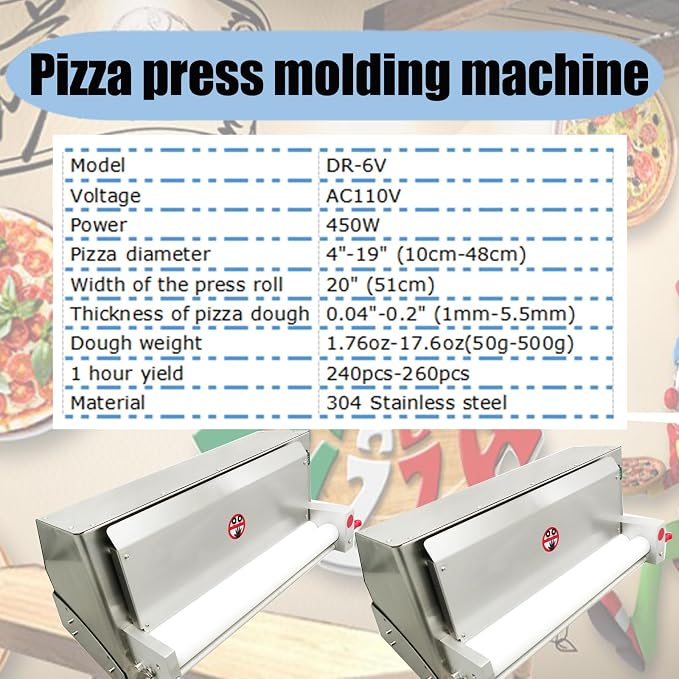 110V Electric Pizza Press Machine 4"-19" Fully Automatic Pizza Dough Roller Sheeter Pastry Press Molding Machine Single Roll Pressing Machine(110V 450W)