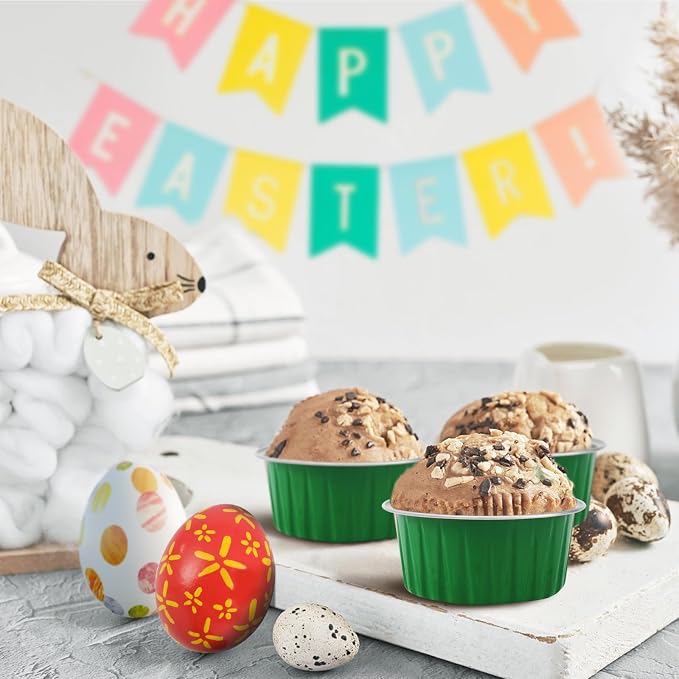 St. Patrick's Day 50Pcs Mini Aluminum Foil Cupcake Baking Cups,5oz Cake Pans Disposable,Mini Loaf Pans with Lids,Disposable Ramekins,Tin Cups Containers for Cupcake,Pudding,Muffin(50, Green)