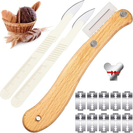 Mudder Bread Lame Sourdough Scoring Tool Magnetic Dough Scoring Tool with 10 Pcs Replaceable Blades Wooden Handle Lame Slashing and 2 Pcs Knife with Protective Cover for Baking