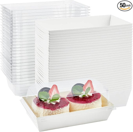 Ocmoiy Small Charcuterie Boxes with Clear Lids, 6x3 Inches, 50 Pack, White | To Go Paper Sandwich Containers, Disposable Bakery Treat Boxes, For 2 Cupcakes, Dessert, Muffin, Hot Cocoa Bomb, Strawberries