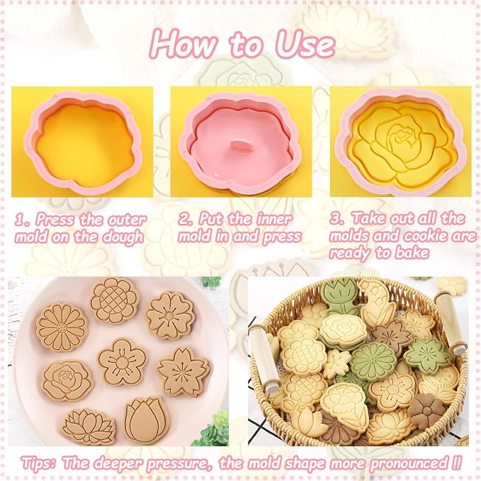 8 Flower Cookie Cutter, 3D Spring Floral Cookie Cutters with Tulip, Daisy, Sunflower, Rose, Cherry blossoms Shapes, Homemake Baking Tools for Mother's Day, Valentine, Holiday DIY Cookies (Flower Head)