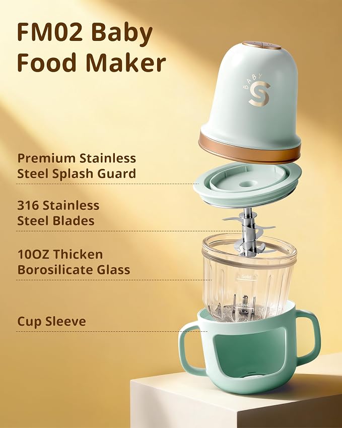 SosekiBaby Solo Baby Food Maker,Mini Food Processor Set,316 Stainless Steel Blades,10oz Glass Baby Puree Blender for Fruit, Vegatable & Meat,2-Speed Control,BPA-Free,Green