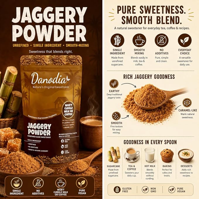 Danodia Foods Organic Jaggery Powder, Cane Gur Sweetener, 2 lb Pack | Fine sugarcane gur sweetener for chai, coffee, baking, cooking, desserts and Indian pantry recipes; Indian pantry sweetener