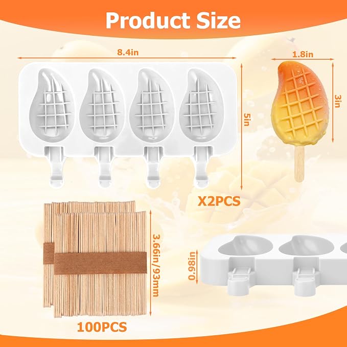 Juome 2Pack Mango Shape Silicone Popsicle Molds - 4 Cavity 3D Mango Ice Cream Molds with 50 Wooden Sticks for Ice Pop, Cake Pop, Cakesicles, Fruit Pudding