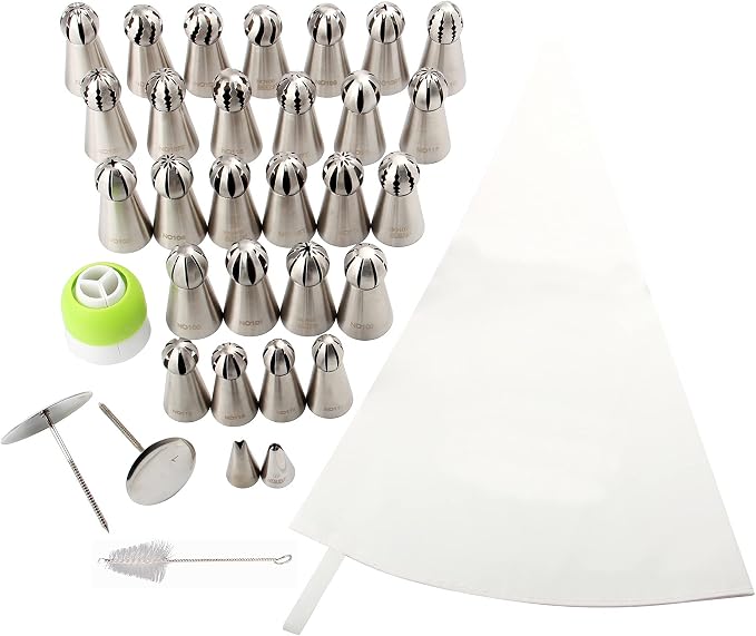 27 Pcs Extra Large Stainless Steel Seamless Russian Flower Ball Piping Tips Set with 1 Cleaning Brush,1 Reusable Pastry Bag,2 Flower Nails,2 Small Leaf Tips,1 Plastic Coupler for Cake Decorations