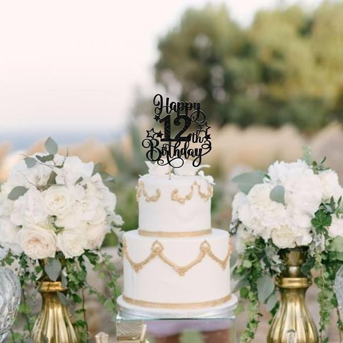 1 PCS Happy 12th Birthday Cake Topper Glitter Cheers to 12 Years Birthday Cake Pick Hello 12 Fabulous Cake Decoration for Happy 12th Birthday Anniversary Party Decorations Supplies Black