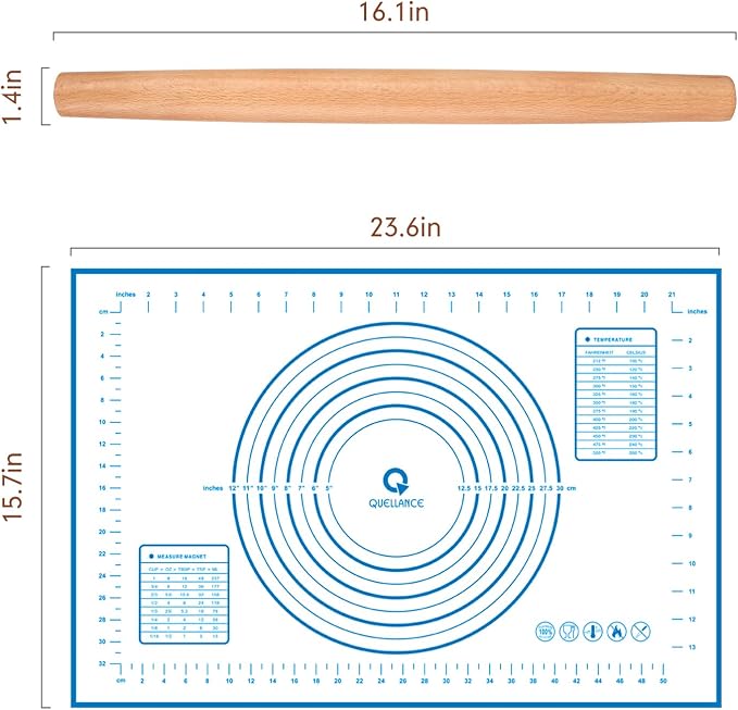 Wood French Rolling Pin for Baking, QUELLANCE Wooden Dough Roller with Silicone Baking Mat, Beech Wood Rolling Pins for Baking Dough, Pizza, Pie, Pastries, Pasta and Cookies,Blue Pastry Mat