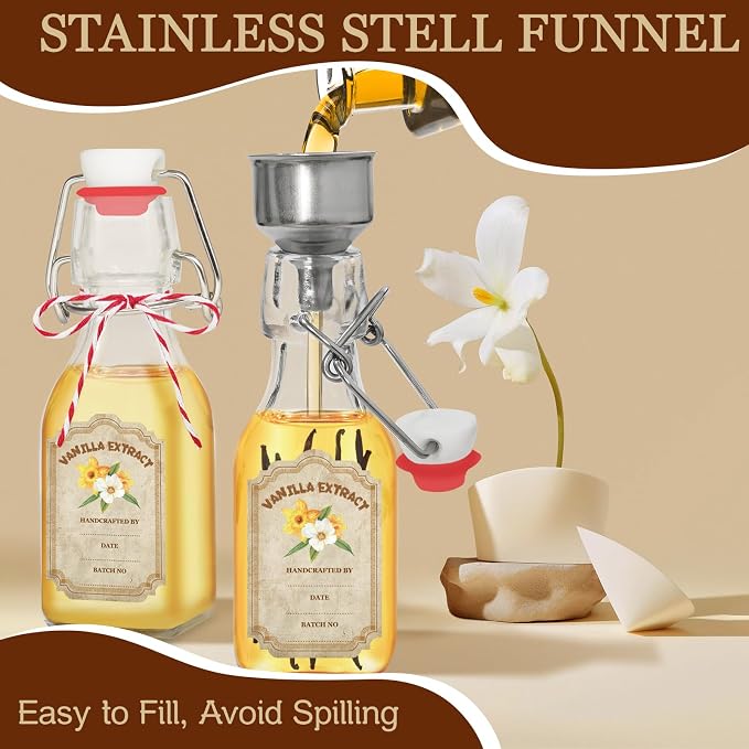 20 Pack Swing Top Glass Vanilla Extract Bottles 4 oz with Lids, Vanilla Extract Labels and Funnel, Glass Boston Vanilla Bottles for Syrup Gift, Flip Top Glass Bottles Jars for Vanilla Extract