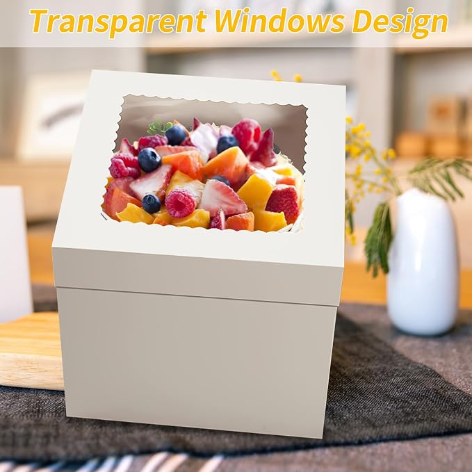WINKIO 4 Pack Cake Boxes, Disposable Cake Transport Container, White Bakery Boxes with Large Window, for Cookies Pies Cupcakes Pastry (12×12×12)