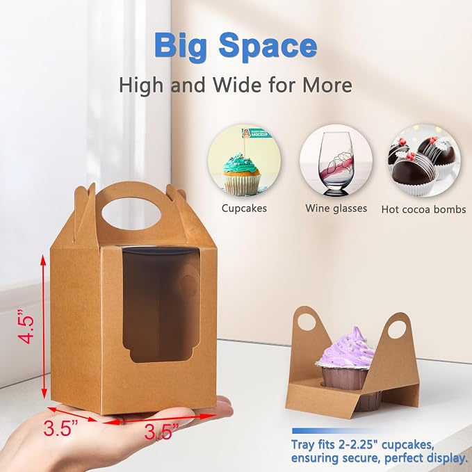 Cupcake Boxes 100 pcs, Individual Cupcake Carrier Brown with Window Insert and Handle Pastry Containers Single Muffins Container for Bakery Wrapping Party Favor Packing