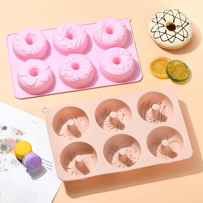 Ipotkitt Donut Shape Baking Silicone Molds Dessert Food Baking Tool Molds for Chocolate Jelly Cake Ice Candy Crafts, 2pcs, 2 Colors, 27x16x3cm, 6 Cavities