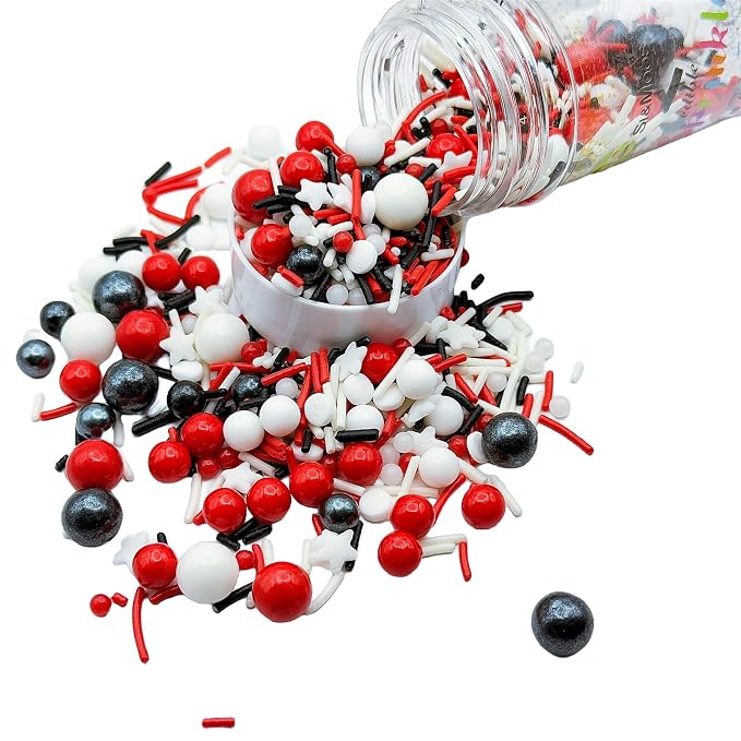 SE Si&Moos Red White and Black Sprinkles 3 OZ Black White and Red Edible Pearls for Cake Decorating Edible Pearls and Sequins Sprinkles Mix for Baby Shower Halloween Christmas Cookie Decorations