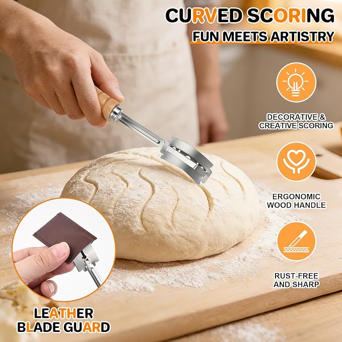 PHILORN 2pcs Set Bread Lame with 10 Stainless Steel Blades, Finger Sleeves and Protective Cover - Sourdough Razor Scorer with Straight & Curved Scoring Knife - Ergonomic Wooden Handle Gift for Bakers