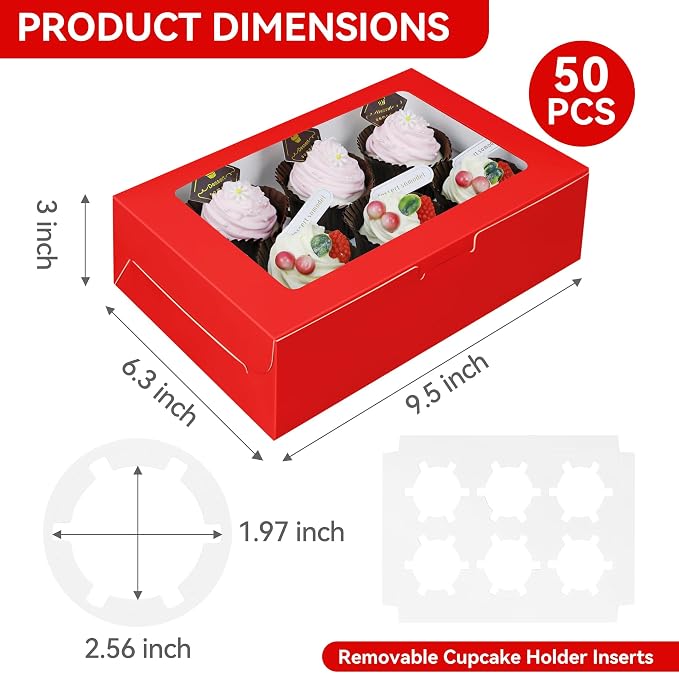 50-Set Cupcake Boxes Bulk with Clear Display Window Hold 6 Standard Cupcakes, Disposable Food Grade Red Cupcake Carrier Cupcake Container, Perfect for Cupcakes Muffins Cookies Pastries